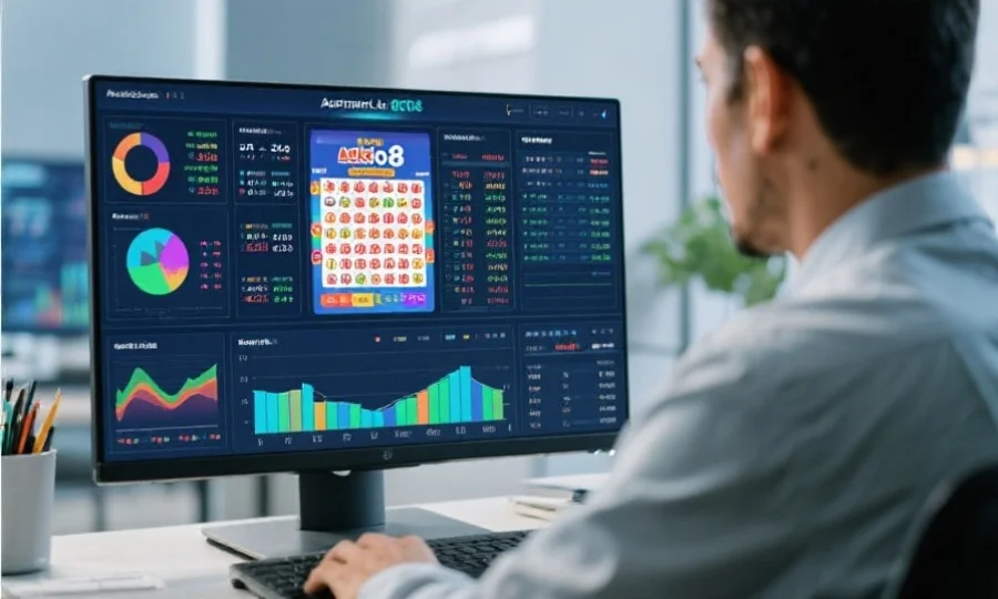 一位数据分析师正在电脑上分析澳洲幸运8的开奖数据，屏幕上显示着丰富的图表和统计数据