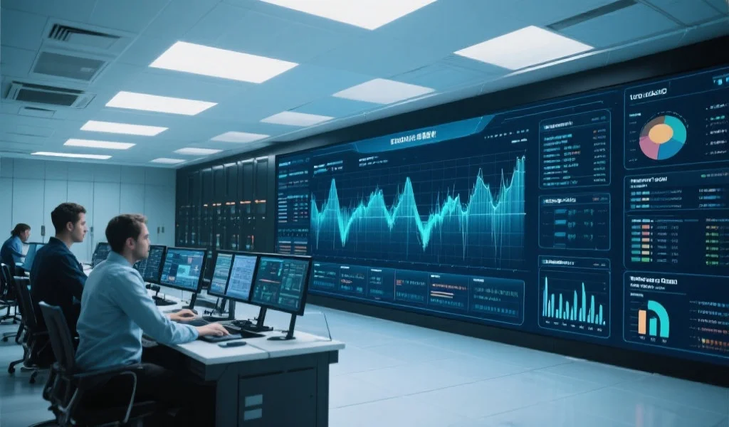 一个现代化数据中心的内部景象，巨大的屏幕显示着实时数据流，工作人员正在监控数据变化